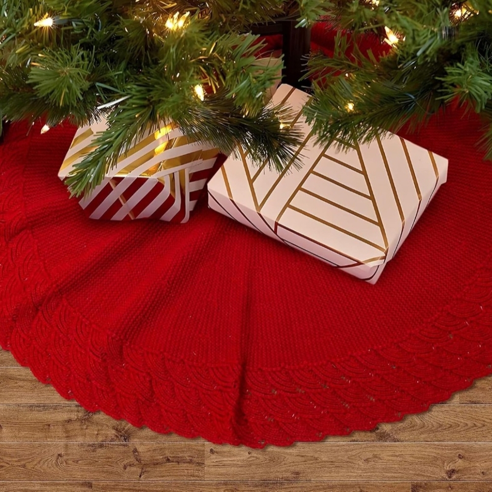 Red Christmas Tree Skirt: knitted with mermaid scale wave 24 inches